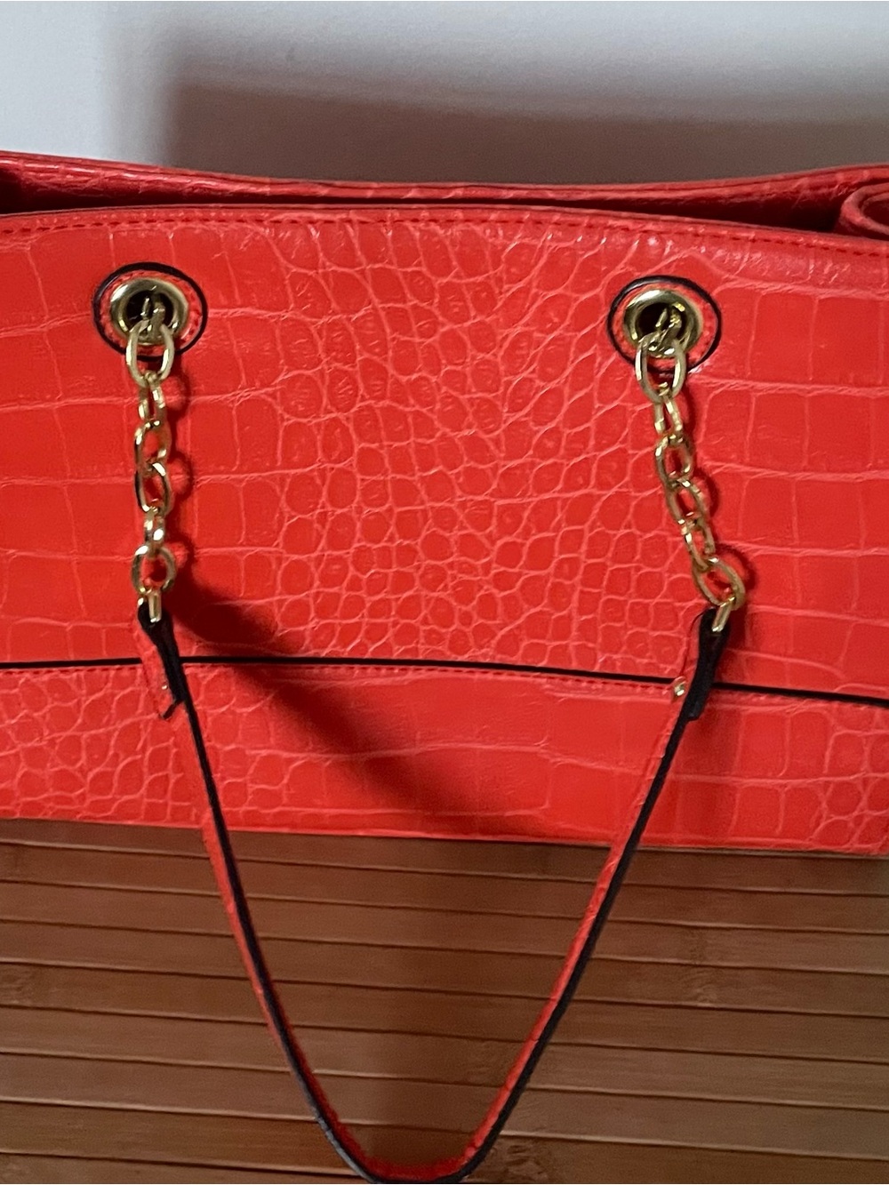 Anne Klein Reddish Orange/Coral Croc-Embossed Shoulder Tote with Gold Hardware - Picture 3 of 10